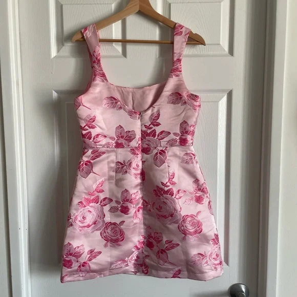 Brighter Side Pink Floral Satin Jacquard Mini Dress - Picture 7 of 8